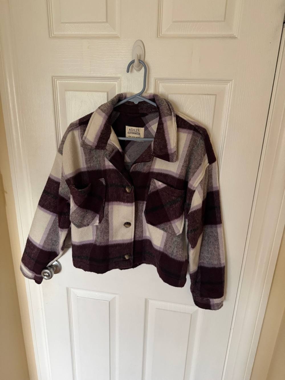 Purple Plaid Button-Front Jacket & Coat, size medium.